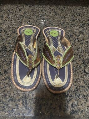 Women's Metallic Bronze & Navy Thong Sandals with Green Accents